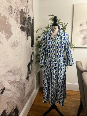 Blue & Green Geometric Midi Shirt Dress with Self-Tie Waist